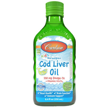 Carlson Kid's Norwegian Cod Liver Oil 550mg Omega-3s + Vitamins A & D3 Green Apple Flavor 8.4 fl oz