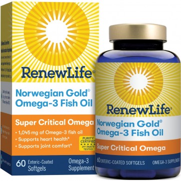 Renew Life Norwegian Gold Omega-3 Fish Oil Super Critical Omega 1045 mg 60 Enteric-Coated Softgels